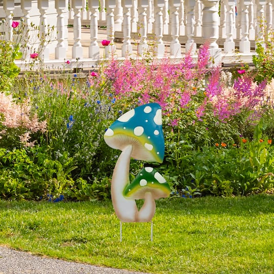 16" Blue & Green Double Spotted Mushrooms Outdoor Garden Stake